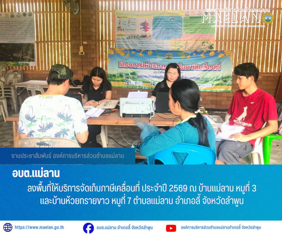 วันที่ 21 พฤษภาคม 2569 องค์การบริหารส่วนตำบลแม่ลาน โดย นายโสภณ มีมัง นายกองค์การบริหารส่วนตำบลแม่ลาน มอบหมายให้นางมุทิตา ถาเมา นักวิชาการจัดเก็บรายได้ชำนาญการองค์การบริหารส่วนตำบลแม่ลาน                ลงพื้นที่ให้บริการจัดเก็บภาษีเคลื่อนที่ ประจำปี  2569 ณ บ้านแม่ลาน หมูที่ 3 และบ้านห้วยทรายขาว หมูที่ 7 ตำบลแม่ลาน อำเภอลี้ จังหวัดลำพูน _____________________________ -ขอขอบคุณภาพข่าวจาก : งานจัดเก็บรายได้องค์การบริหารส่วนตำบลแม่ลาน -เเหล่งข่าว : องค์การบริหารส่วนตำบลแม่ลาน -ประชาสัมพันธ์ข่าว  : งานประชาสัมพันธ์ สำนักปลัดองค์การบริหารส่วนตำบลแม่ลาน -เว็บไซต์ : https://www.maelan.go.th -Facebook : https://www.facebook.com/saomaelan.maelan.7?mibextid=ZbWKwL -Youtube : https://youtube.com/@user-eq2cc4bc2f?si=EvKRe7B5IyUmlv8Z #องค์การบริหารส่วนตำบลแม่ลาน ???? 12/1 หมู่ 7 ตำบลแม่ลาน อำเภอลี้ จังหวัดลำพูน ????โทรศัพท์ สำนักงาน : 096 685 8480 ,0 5309 6174 ต่อ 10 - 16 ????อุบัติเหตุ โทร 1669  ฟรี /สายตรงรถฉุกเฉินองค์การบริหารส่วนตำบลแม่ลาน :081 473 688 
