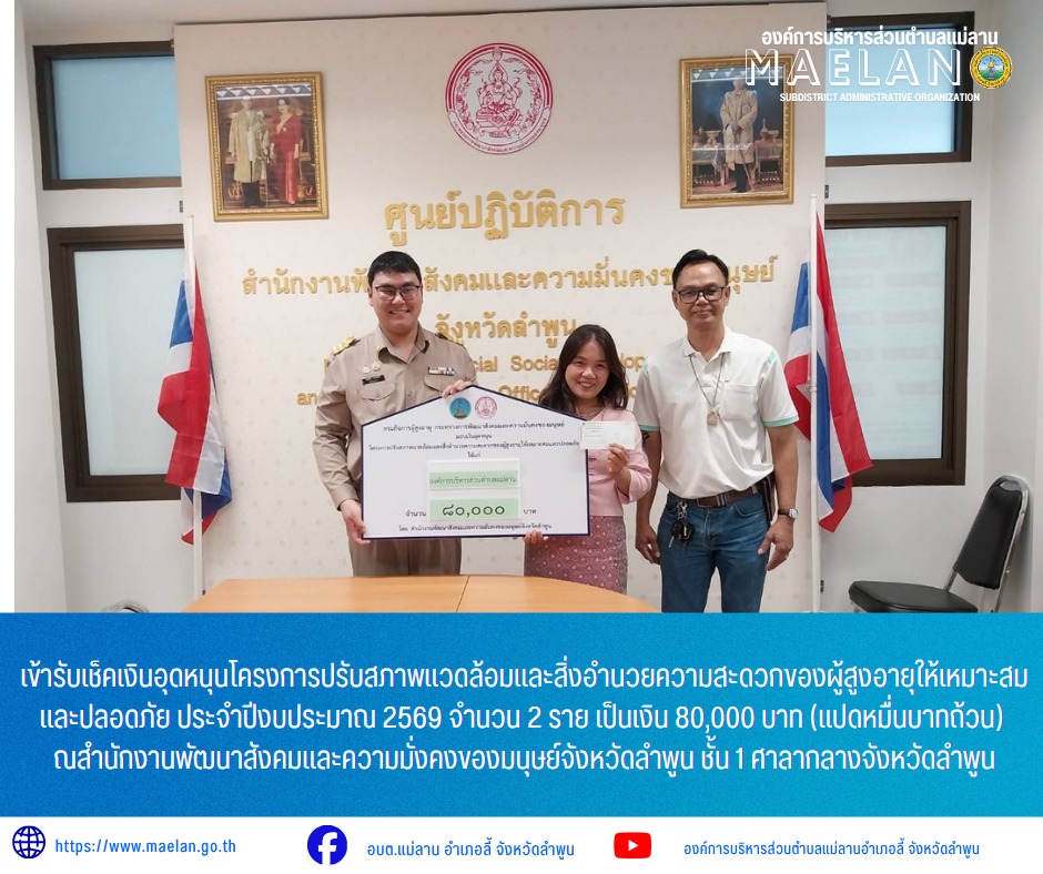วันจันทร์ที่ 8 มิถุนายน 2569 องค์การบริหารส่วนตำบลแม่ลาน โดย นายโสภณ มีมัง นายกองค์การบริหารส่วนตำบลแม่ลาน มอบหมายให้ นางชนันนิดา คำทา รองนายกองค์การบริหารส่วนตำบลแม่ลาน พร้อมด้วย นายประวิทย์ ล่าเพ็ง ผู้อำนวยการกองการศึกษา              เข้ารับเช็คเงินอุดหนุนโครงการปรับสภาพแวดล้อมและสิ่งอำนวยความสะดวกของผู้สูงอายุให้เหมาะสมและปลอดภัย ประจำปีงบประมาณ 2569 จำนวน 2 ราย เป็นเงิน 80,000 บาท (แปดหมื่นบาทถ้วน)  ณสำนักงานพัฒนาสังคมและความมั่งคงของมนุษย์จังหวัดลำพูน ชั้น 1 ศาลากลางจังหวัดลำพูน _____________________________ -ขอขอบคุณภาพข่าวจาก :รองนายกองค์การบริหารส่วนตำบลแม่ลาน -เเหล่งข่าว : องค์การบริหารส่วนตำบลแม่ลาน -ประชาสัมพันธ์ข่าว  : งานประชาสัมพันธ์ สำนักปลัดองค์การบริหารส่วนตำบลแม่ลาน -เว็บไซต์ : https://www.maelan.go.th -Facebook : https://www.facebook.com/saomaelan.maelan.7?mibextid=ZbWKwL -Youtube : https://youtube.com/@user-eq2cc4bc2f?si=EvKRe7B5IyUmlv8Z #องค์การบริหารส่วนตำบลแม่ลาน ???? 12/1 หมู่ 7 ตำบลแม่ลาน อำเภอลี้ จังหวัดลำพูน ????โทรศัพท์ สำนักงาน : 096 685 8480 ,0 5309 6174 ต